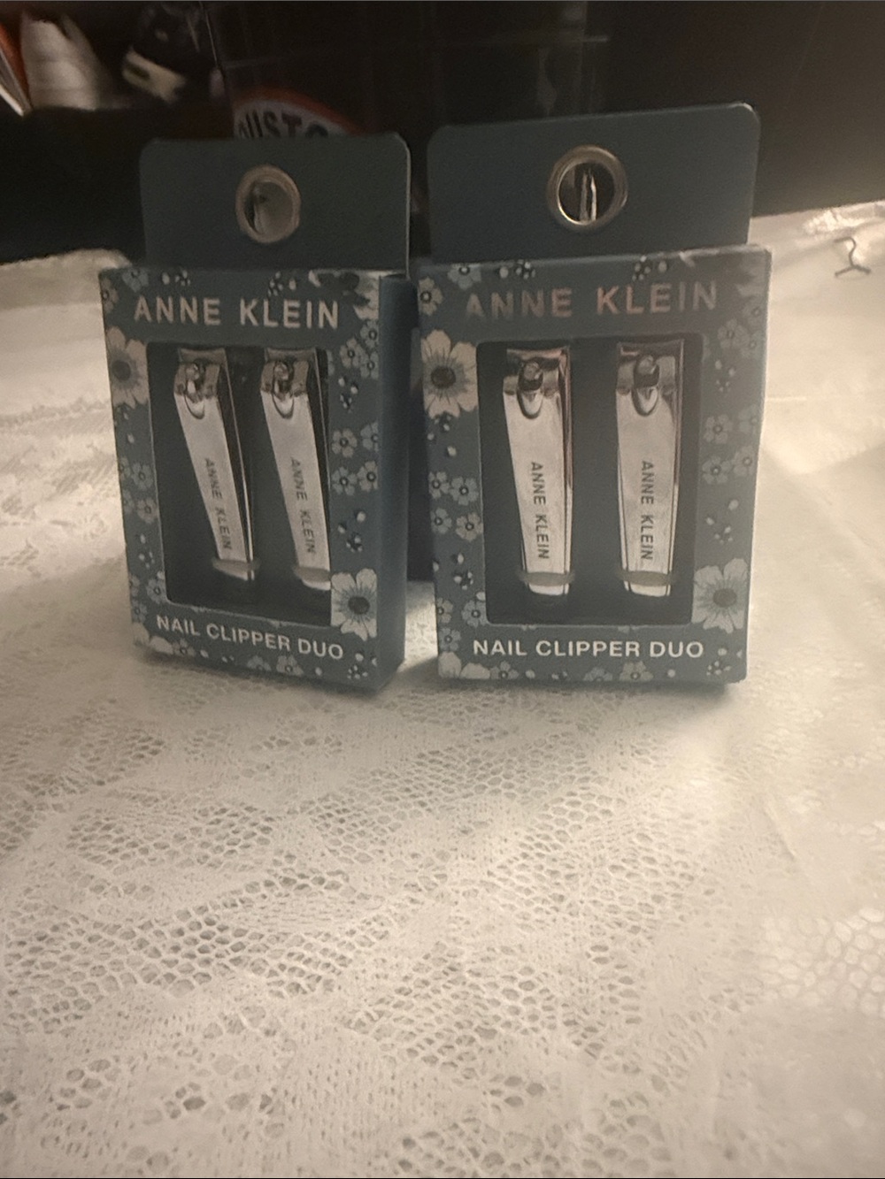 Anne Klein Silver Stainless Steel Nail Clipper Duo with Blue Floral Boxes